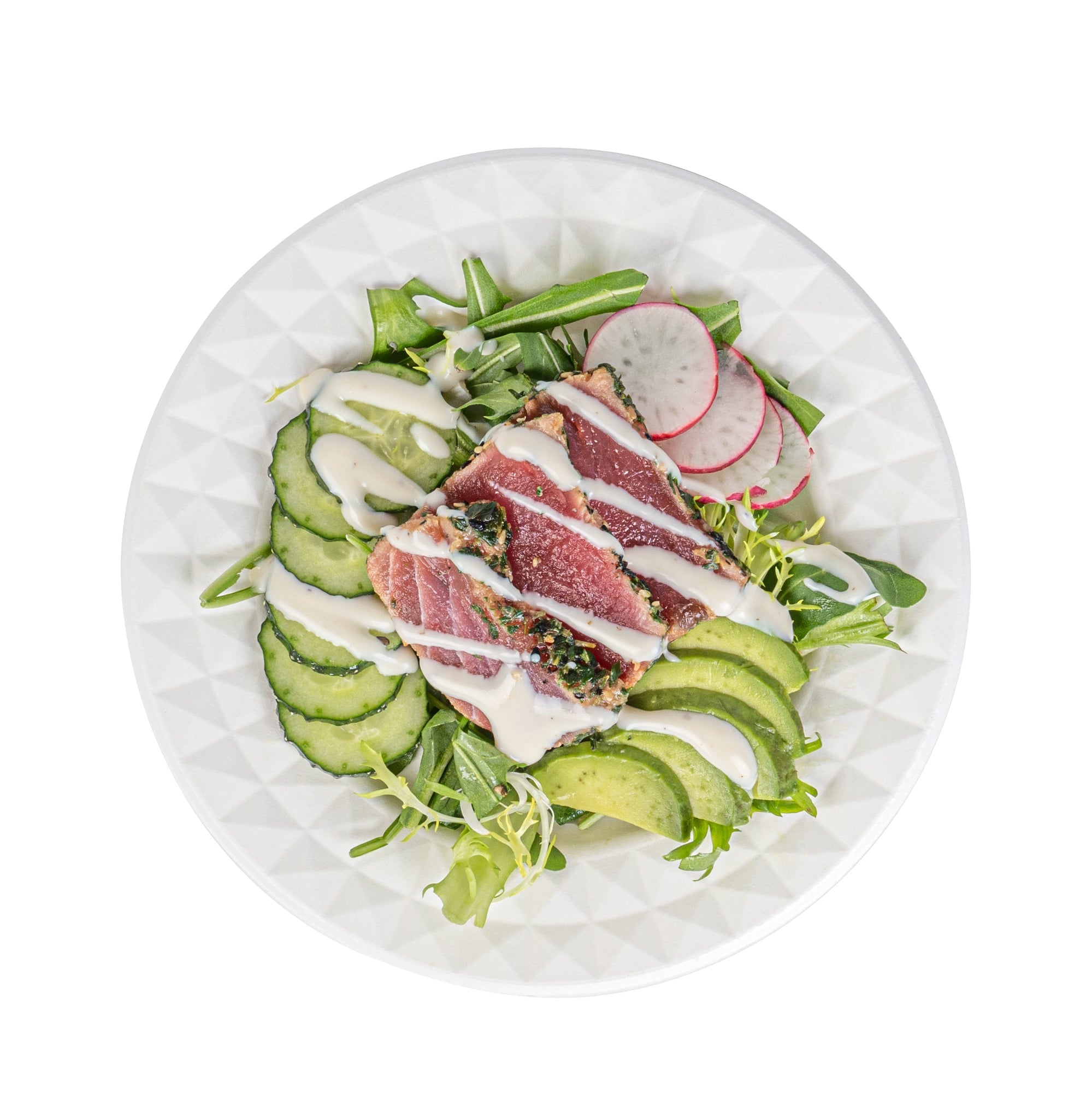 Pulp Safe No PFAS Added Round White Sugarcane / Bagasse Plate - Home Compostable, with Diamond Rim - 7" x 7" x 1/2" - 25 count box