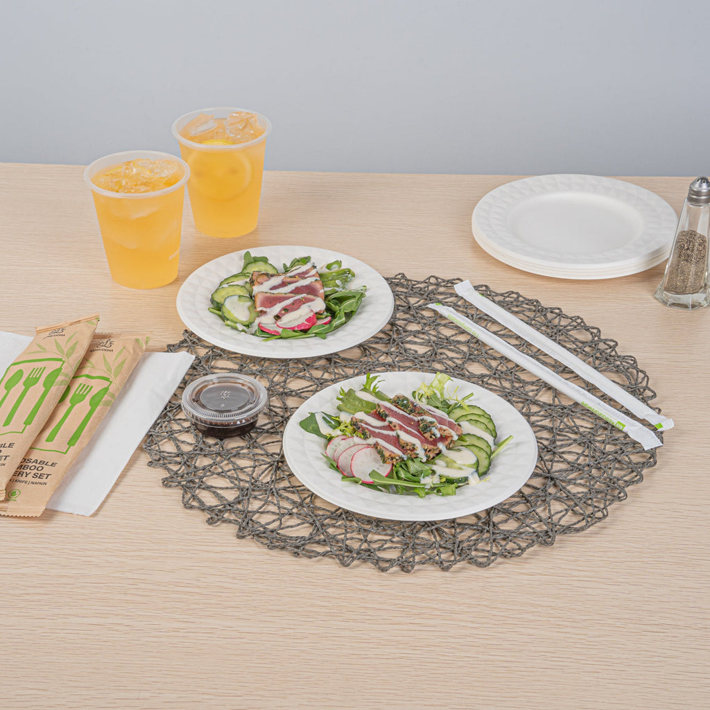Pulp Safe No PFAS Added Round White Sugarcane / Bagasse Plate - Home Compostable, with Diamond Rim - 7" x 7" x 1/2" - 25 count box