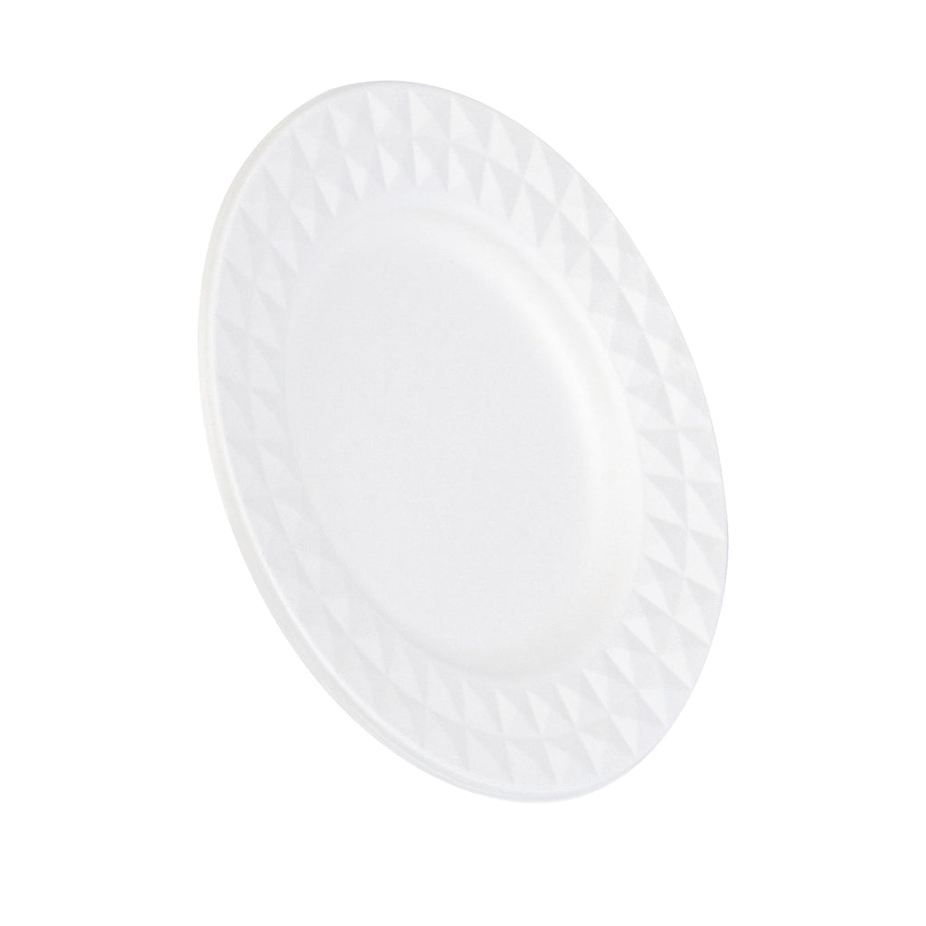 Pulp Safe No PFAS Added Round White Sugarcane / Bagasse Plate - Home Compostable, with Diamond Rim - 7" x 7" x 1/2" - 100 count box