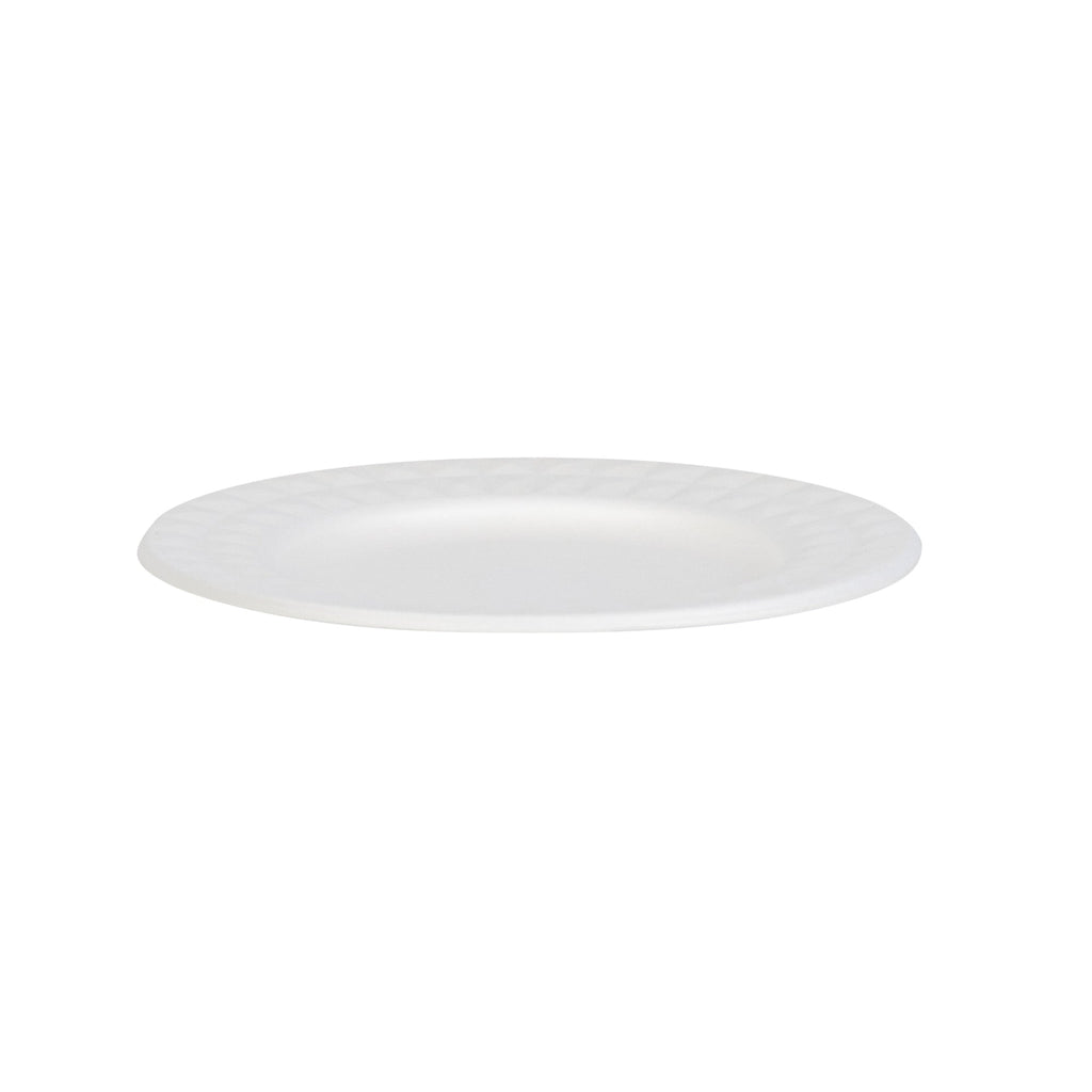Pulp Safe No PFAS Added Round White Sugarcane / Bagasse Plate - Home Compostable, with Diamond Rim - 7" x 7" x 1/2" - 100 count box