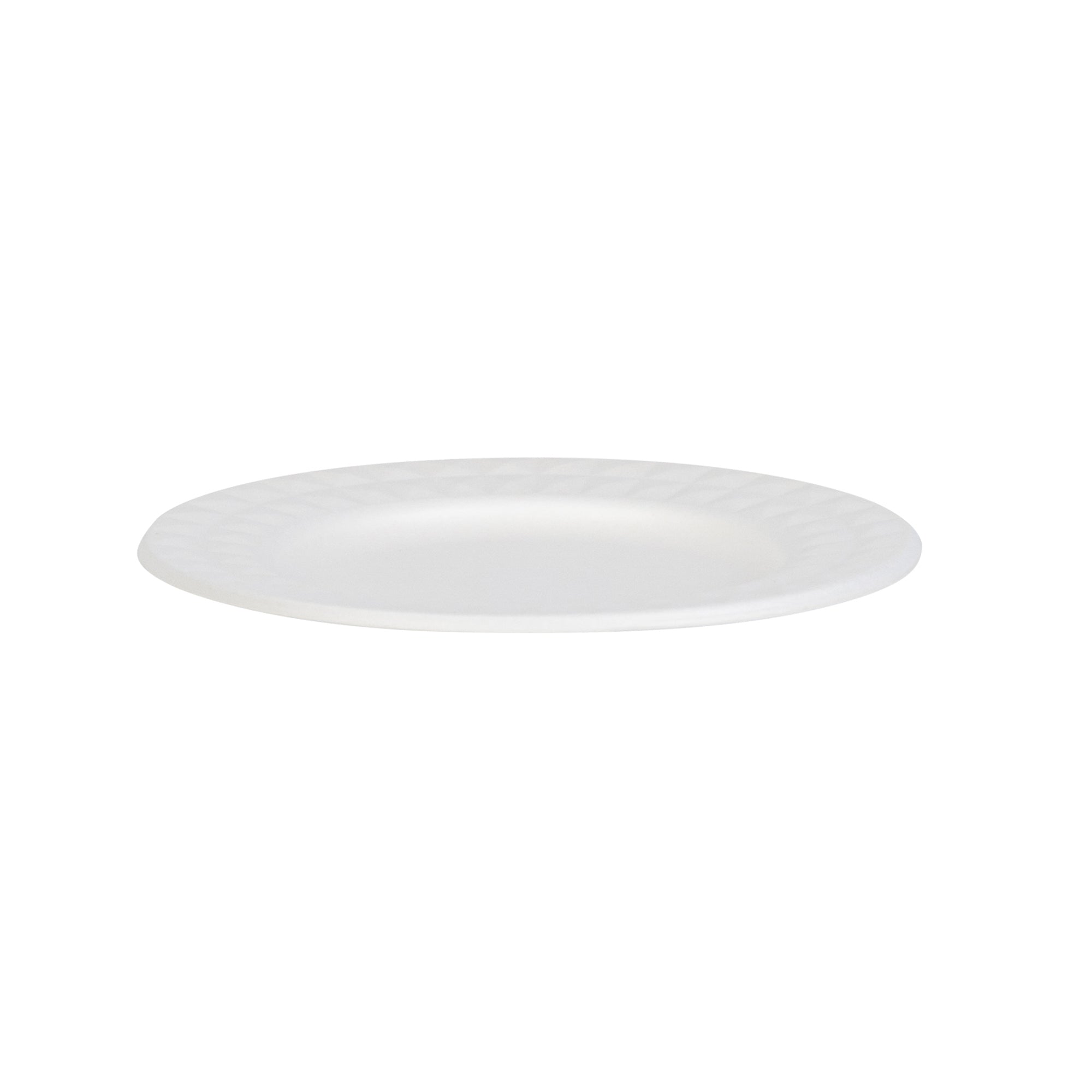 Pulp Safe No PFAS Added Round White Sugarcane / Bagasse Plate - Home Compostable, with Diamond Rim - 7" x 7" x 1/2" - 100 count box
