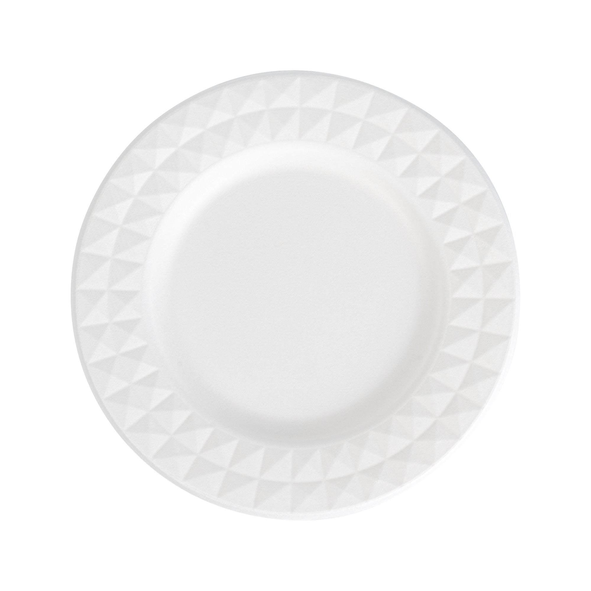 Pulp Safe No PFAS Added Round White Sugarcane / Bagasse Plate - Home Compostable, with Diamond Rim - 7" x 7" x 1/2" - 100 count box