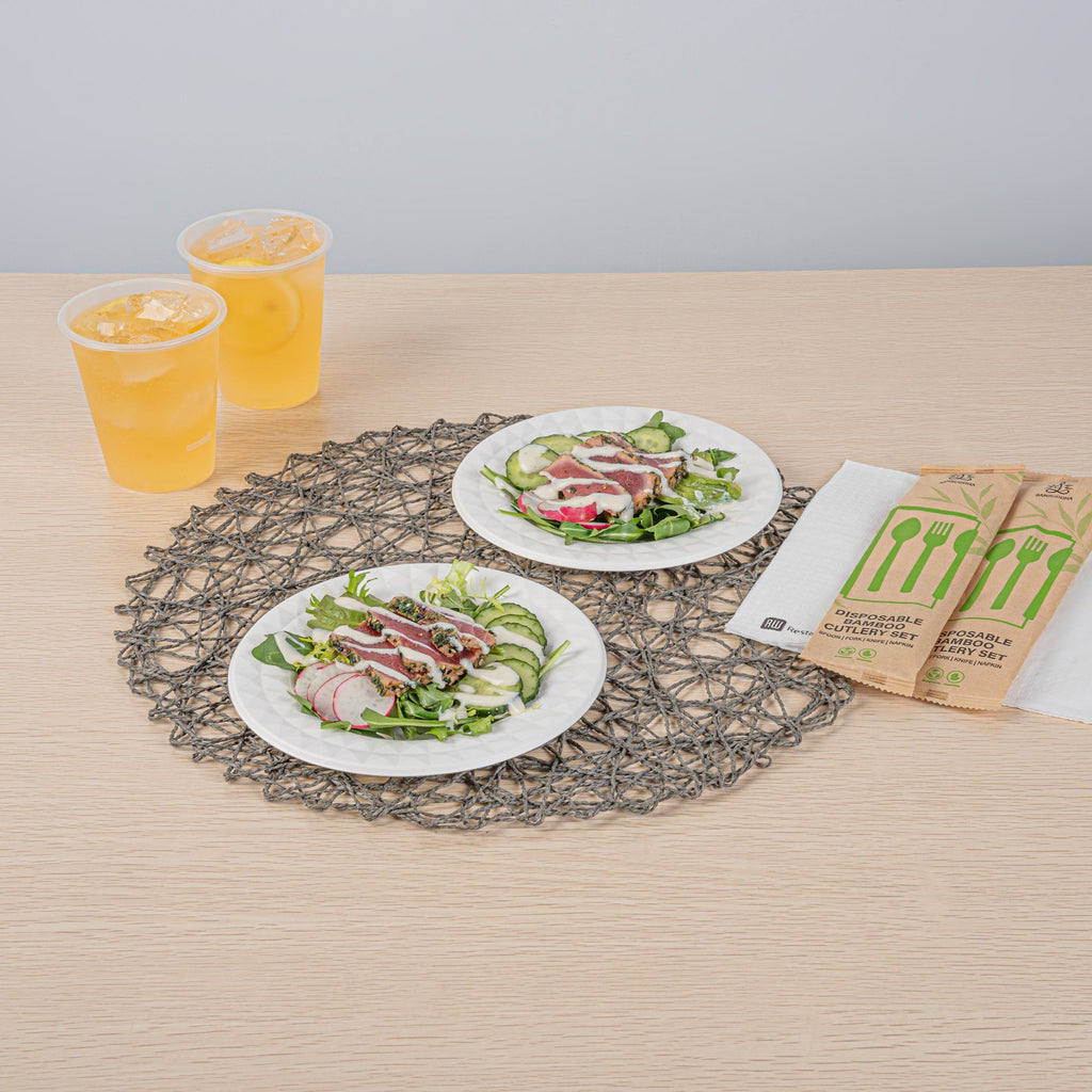 Pulp Safe No PFAS Added Round White Sugarcane / Bagasse Plate - Home Compostable, with Diamond Rim - 7" x 7" x 1/2" - 100 count box