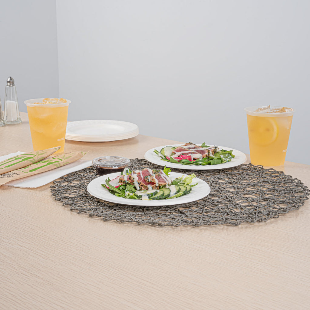 Pulp Safe No PFAS Added Round White Sugarcane / Bagasse Plate - Home Compostable, with Diamond Rim - 7" x 7" x 1/2" - 100 count box