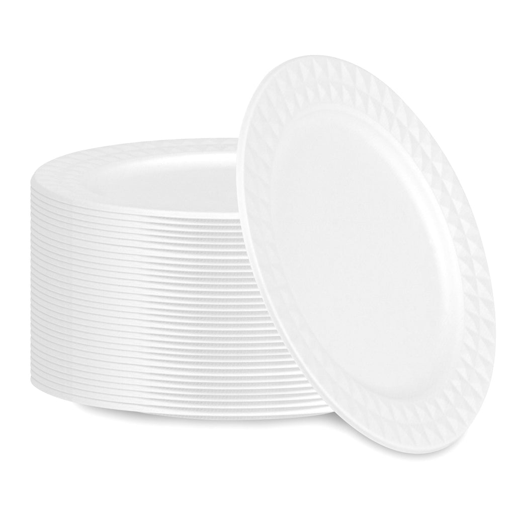 Pulp Safe No PFAS Added Round White Sugarcane / Bagasse Plate - Home Compostable, with Diamond Rim - 9" x 9" x 1/2" - 100 count box