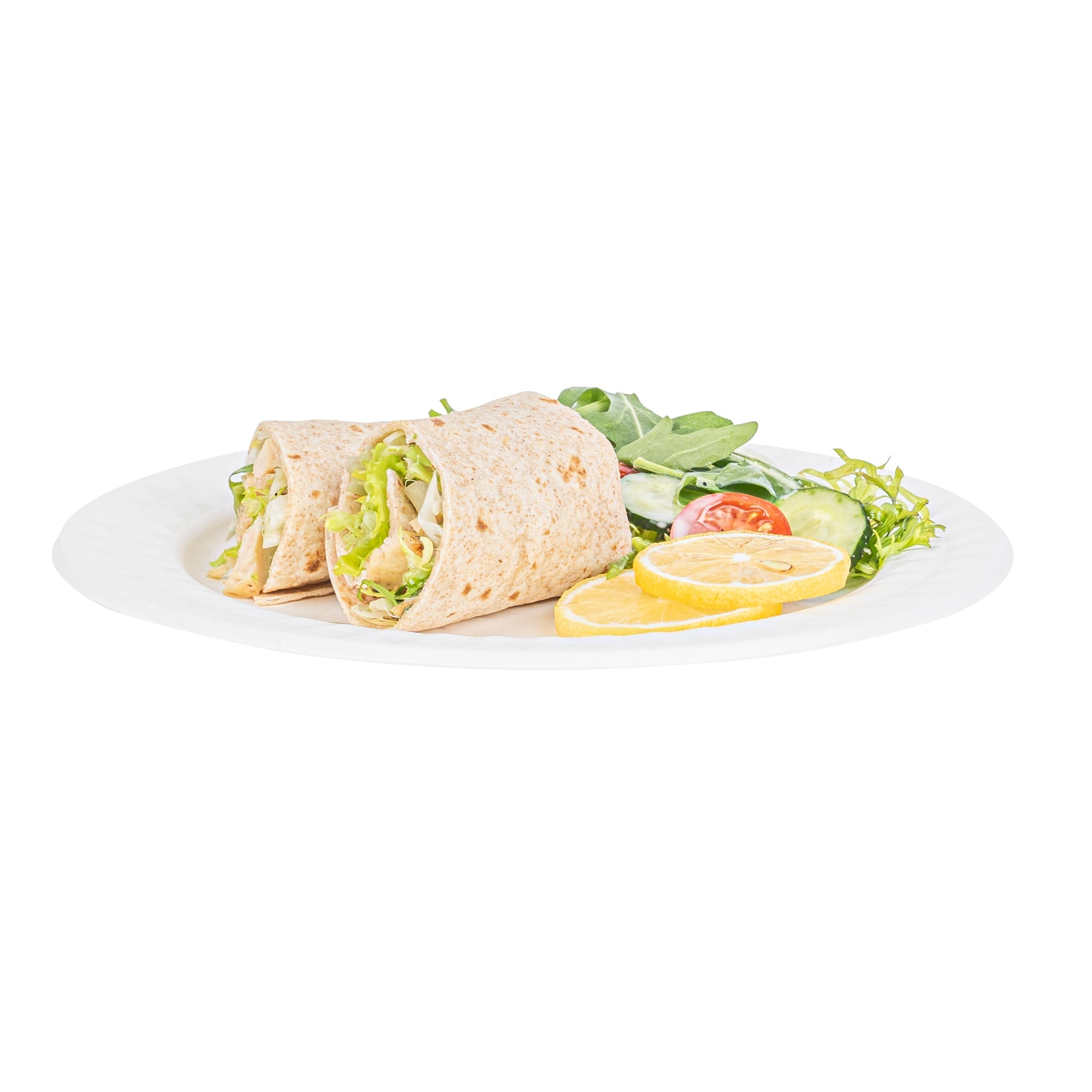 Pulp Safe No PFAS Added Round White Sugarcane / Bagasse Plate - Home Compostable, with Diamond Rim - 9" x 9" x 1/2" - 25 count box