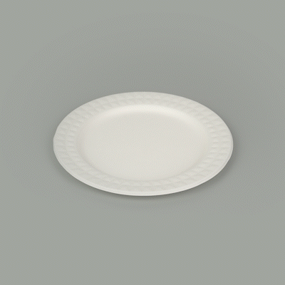Pulp Safe No PFAS Added Round White Sugarcane / Bagasse Plate - Home Compostable, with Diamond Rim - 9" x 9" x 1/2" - 25 count box