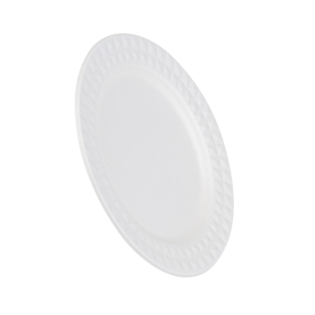 Pulp Safe No PFAS Added Round White Sugarcane / Bagasse Plate - Home Compostable, with Diamond Rim - 9" x 9" x 1/2" - 25 count box