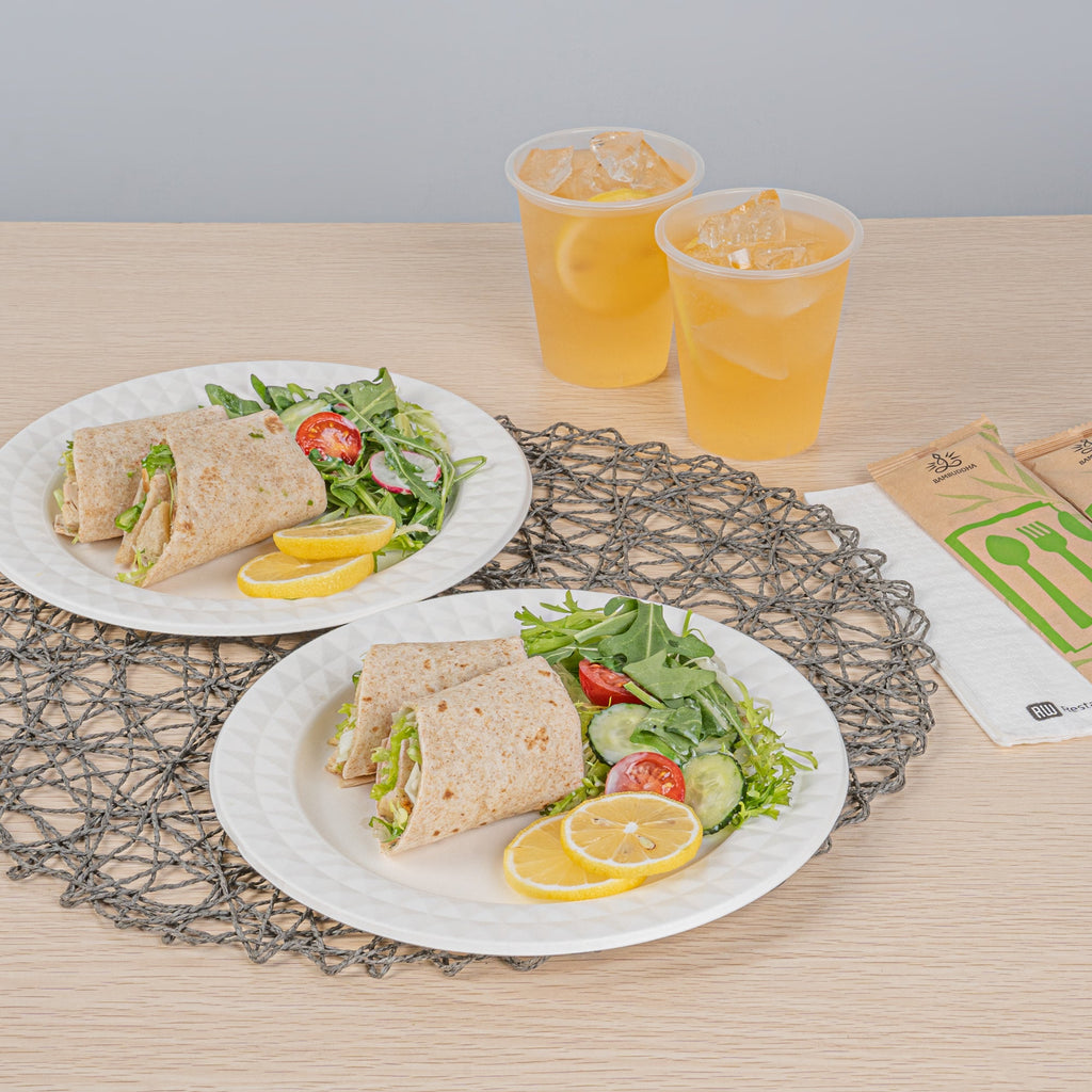 Pulp Safe No PFAS Added Round White Sugarcane / Bagasse Plate - Home Compostable, with Diamond Rim - 9" x 9" x 1/2" - 25 count box