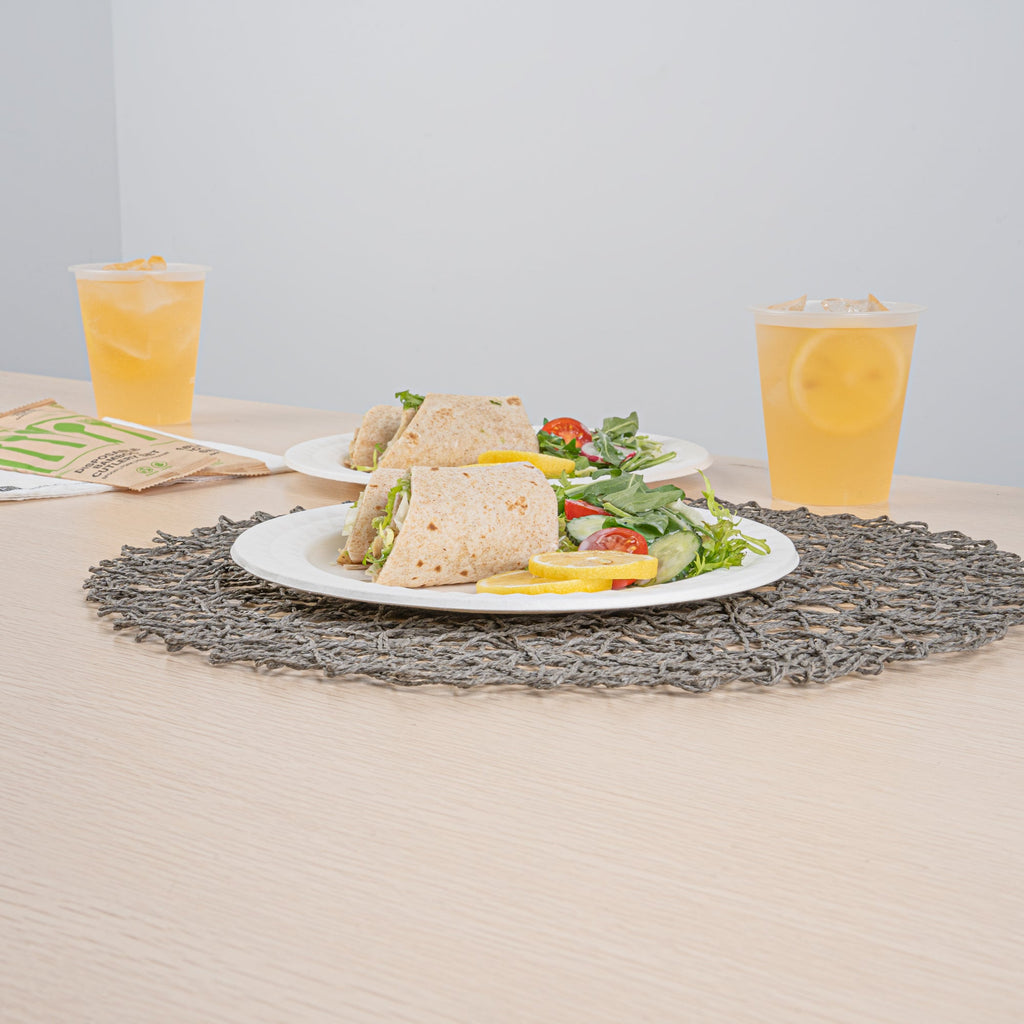 Pulp Safe No PFAS Added Round White Sugarcane / Bagasse Plate - Home Compostable, with Diamond Rim - 9" x 9" x 1/2" - 25 count box