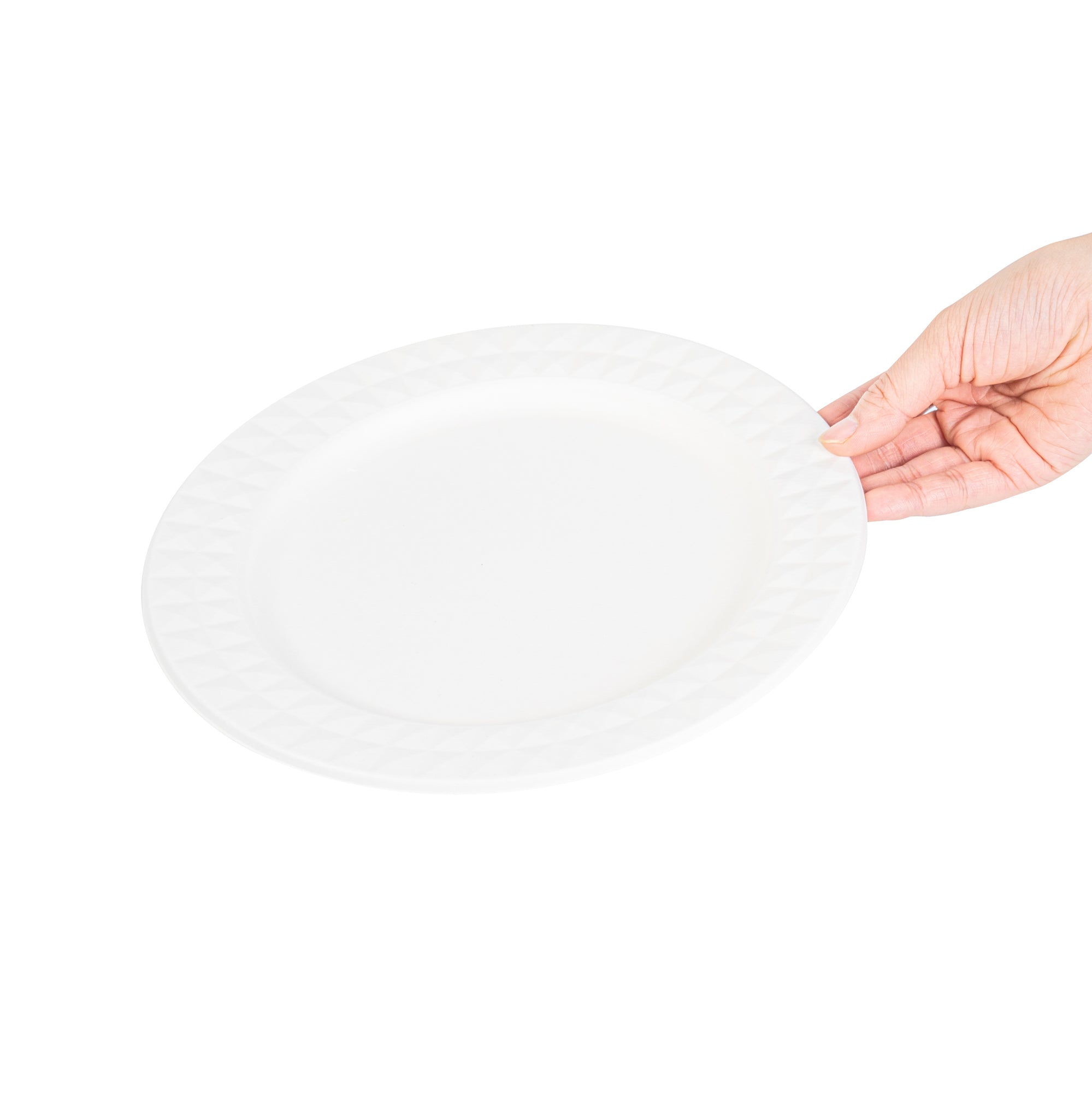 Pulp Safe No PFAS Added Round White Sugarcane / Bagasse Plate - Home Compostable, with Diamond Rim - 9" x 9" x 1/2" - 100 count box