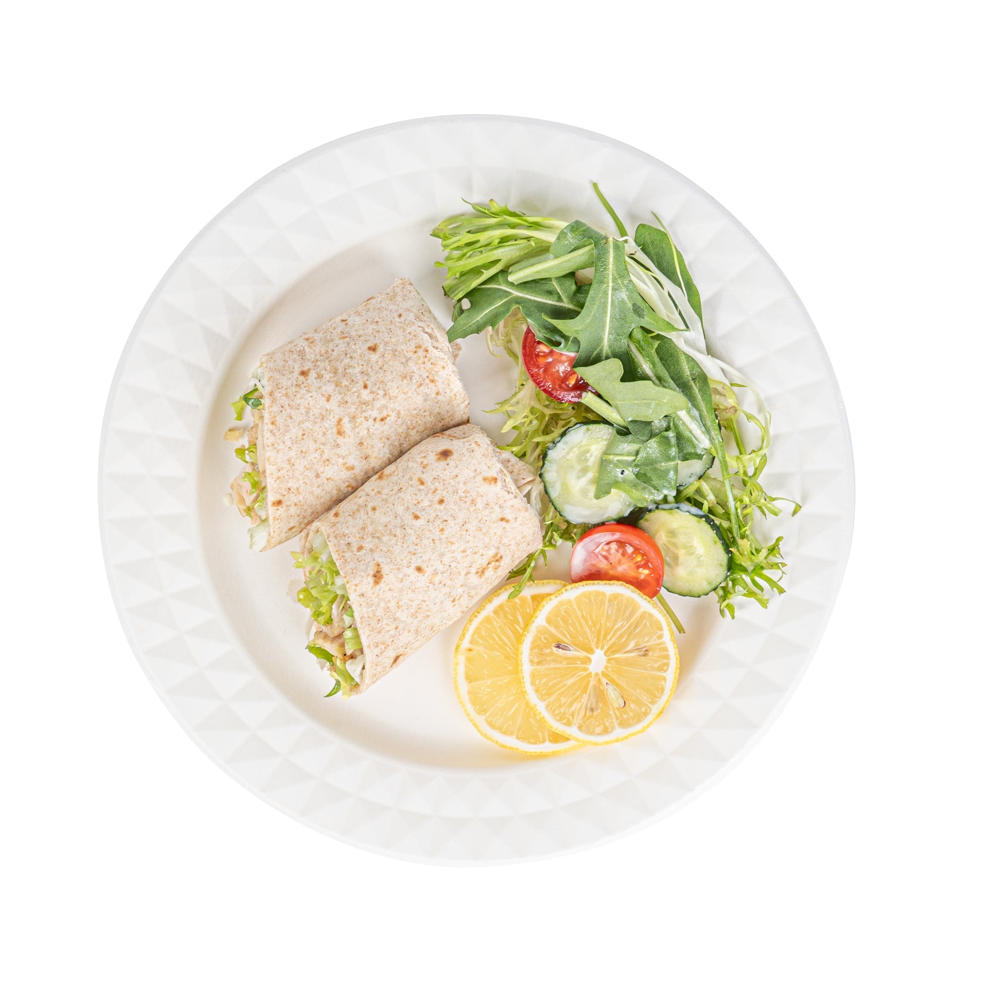 Pulp Safe No PFAS Added Round White Sugarcane / Bagasse Plate - Home Compostable, with Diamond Rim - 9" x 9" x 1/2" - 100 count box