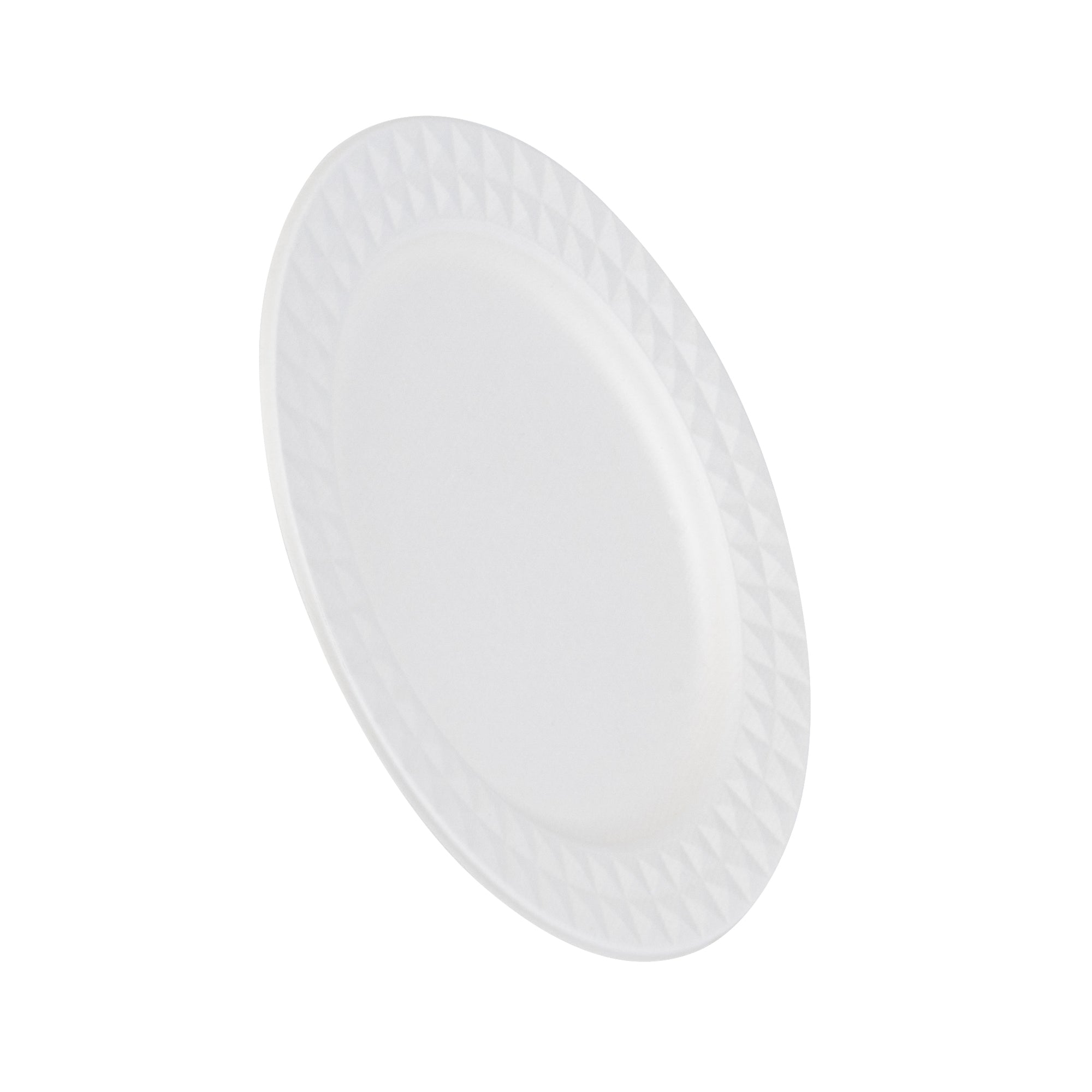 Pulp Safe No PFAS Added Round White Sugarcane / Bagasse Plate - Home Compostable, with Diamond Rim - 9" x 9" x 1/2" - 100 count box