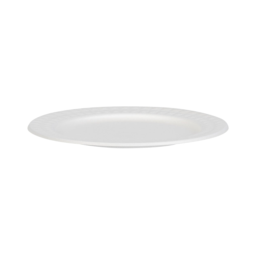 Pulp Safe No PFAS Added Round White Sugarcane / Bagasse Plate - Home Compostable, with Diamond Rim - 9" x 9" x 1/2" - 100 count box