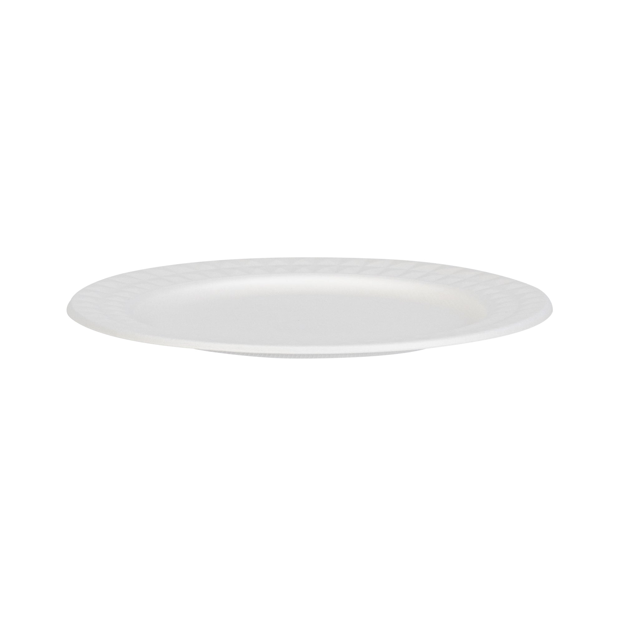 Pulp Safe No PFAS Added Round White Sugarcane / Bagasse Plate - Home Compostable, with Diamond Rim - 9" x 9" x 1/2" - 100 count box