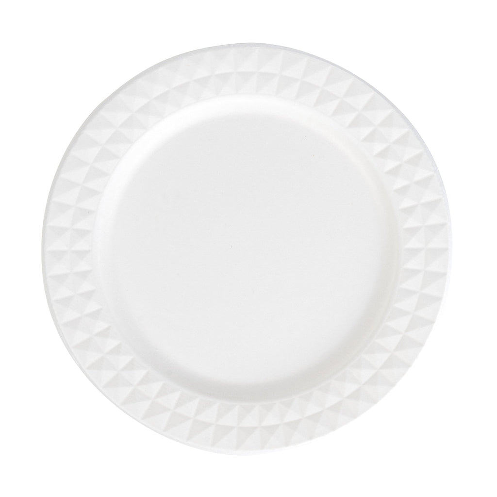 Pulp Safe No PFAS Added Round White Sugarcane / Bagasse Plate - Home Compostable, with Diamond Rim - 9" x 9" x 1/2" - 100 count box