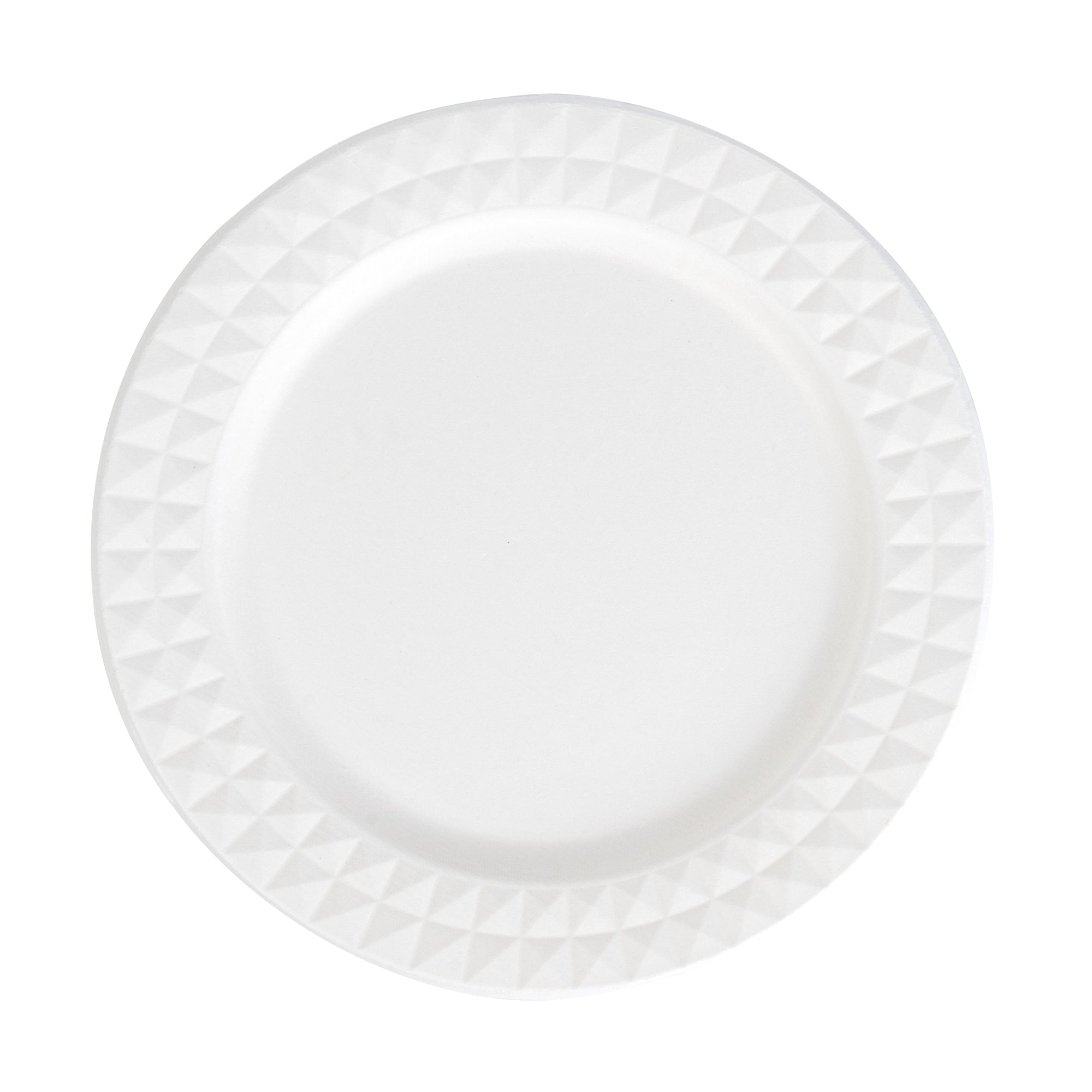 Pulp Safe No PFAS Added Round White Sugarcane / Bagasse Plate - Home Compostable, with Diamond Rim - 9" x 9" x 1/2" - 100 count box