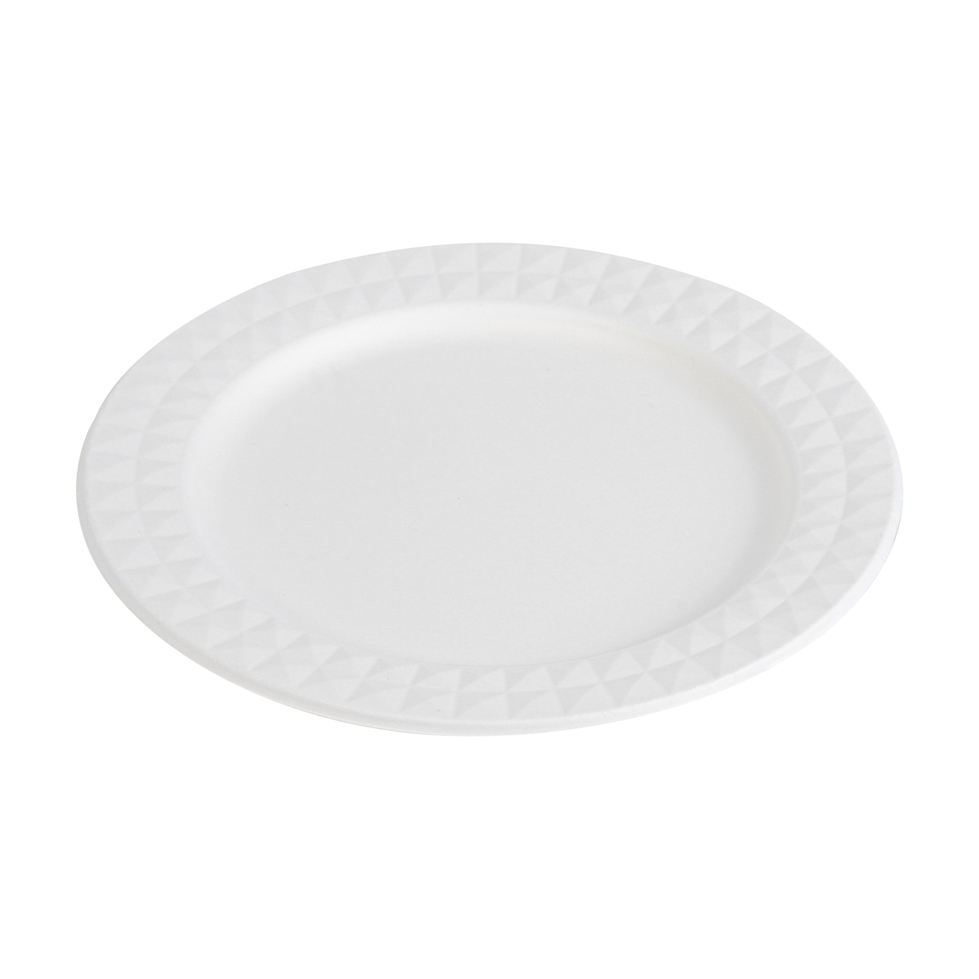Pulp Safe No PFAS Added Round White Sugarcane / Bagasse Plate - Home Compostable, with Diamond Rim - 9" x 9" x 1/2" - 100 count box