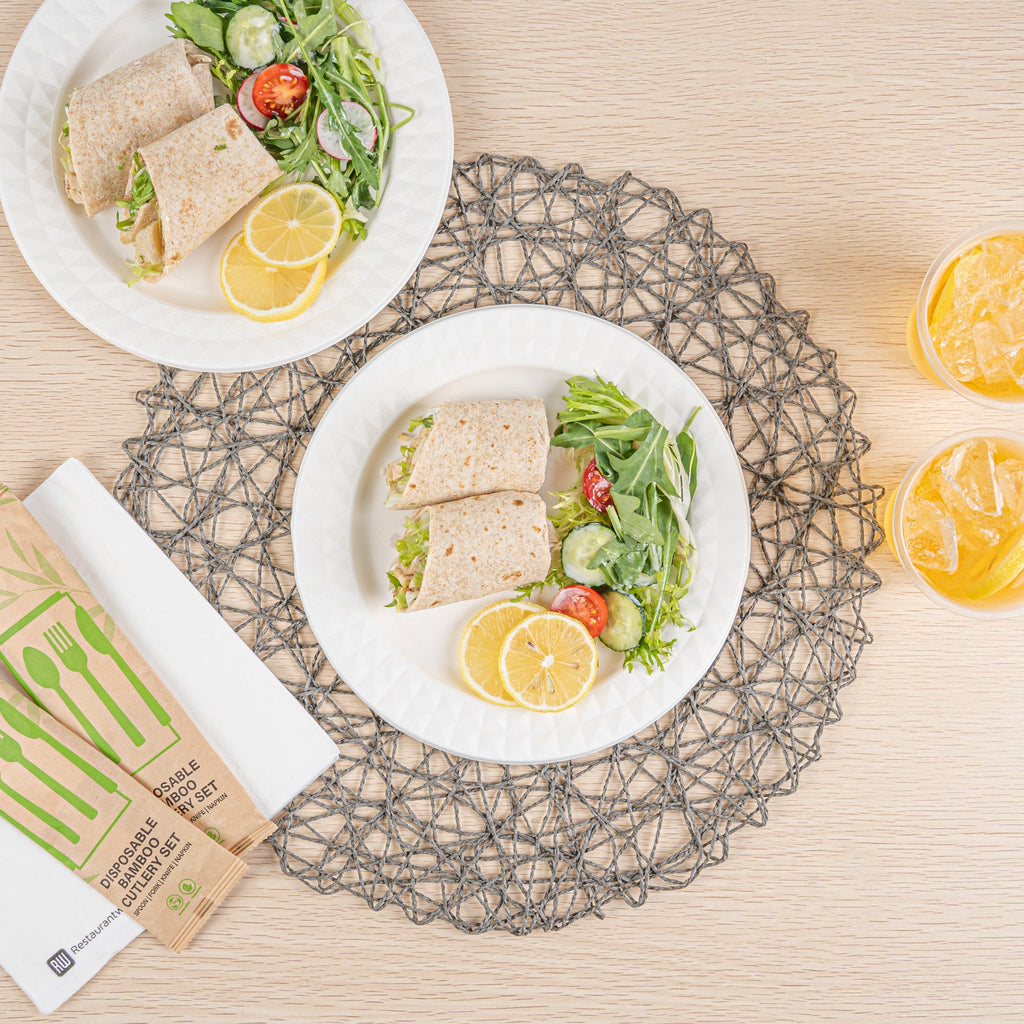 Pulp Safe No PFAS Added Round White Sugarcane / Bagasse Plate - Home Compostable, with Diamond Rim - 9" x 9" x 1/2" - 100 count box