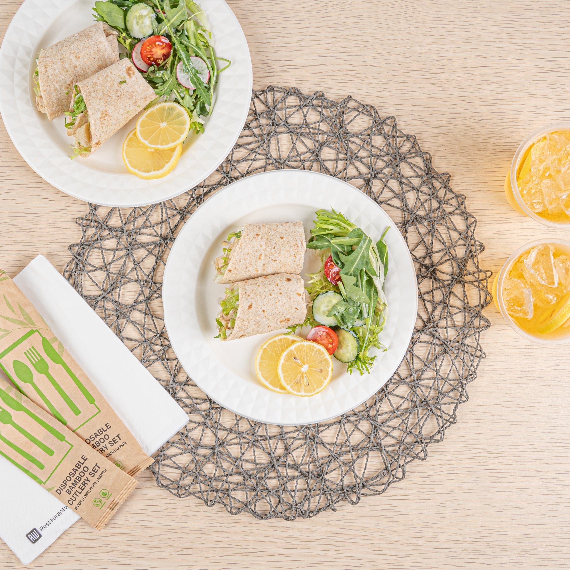 Pulp Safe No PFAS Added Round White Sugarcane / Bagasse Plate - Home Compostable, with Diamond Rim - 9" x 9" x 1/2" - 100 count box