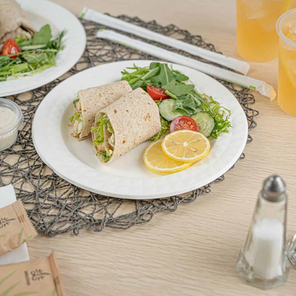 Pulp Safe No PFAS Added Round White Sugarcane / Bagasse Plate - Home Compostable, with Diamond Rim - 9" x 9" x 1/2" - 100 count box