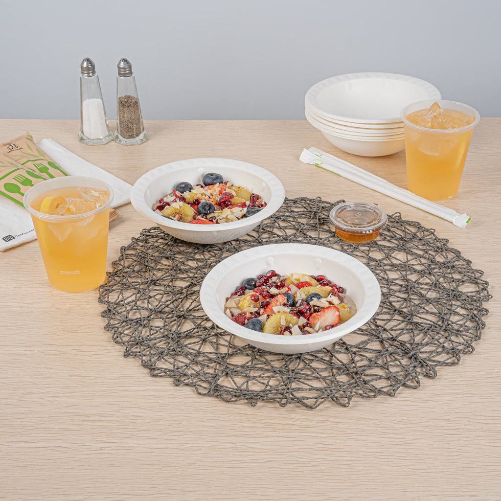 Pulp Safe No PFAS Added 16 oz White Sugarcane / Bagasse Bowl - Home Compostable, with Diamond Rim - 6 3/4" x 6 3/4" x 2" - 25 count box