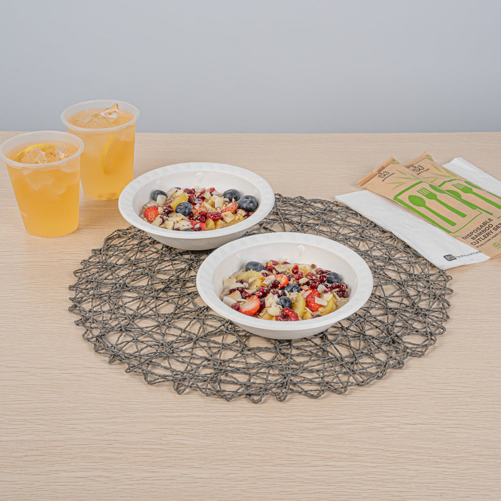 Pulp Safe No PFAS Added 16 oz White Sugarcane / Bagasse Bowl - Home Compostable, with Diamond Rim - 6 3/4" x 6 3/4" x 2" - 25 count box