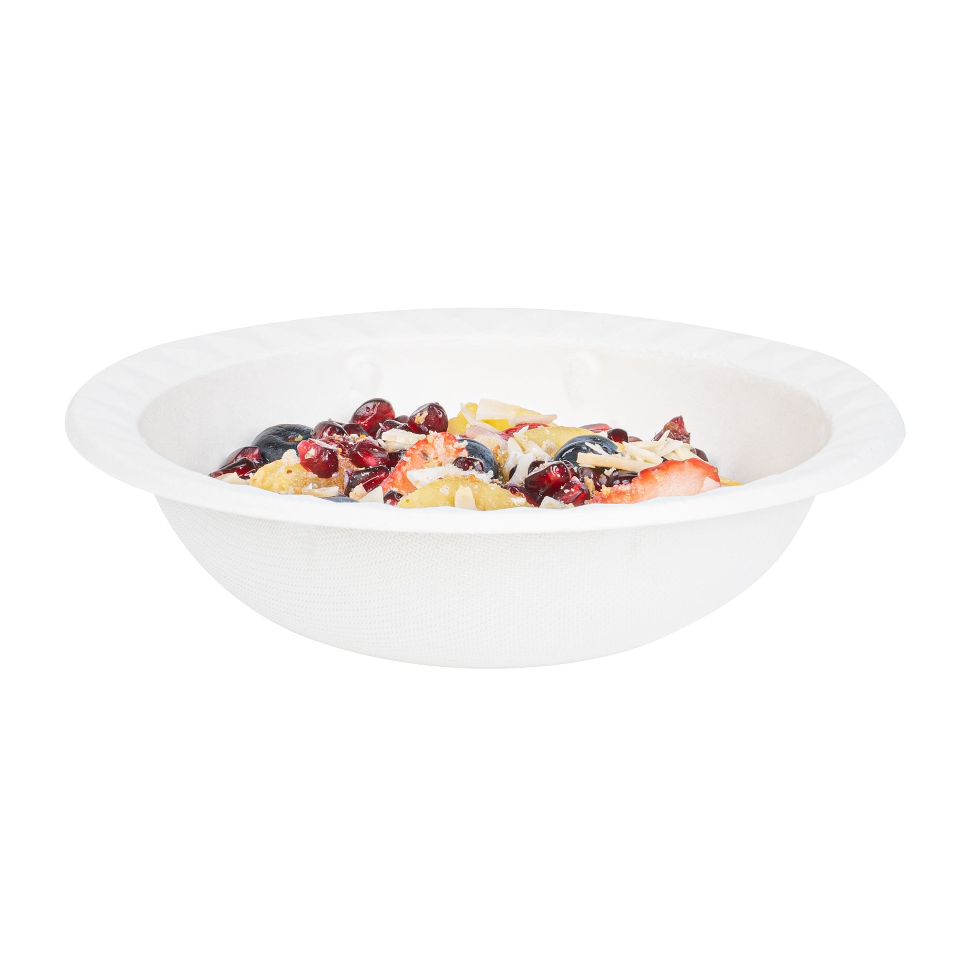 Pulp Safe No PFAS Added 16 oz White Sugarcane / Bagasse Bowl - Home Compostable, with Diamond Rim - 6 3/4" x 6 3/4" x 2" - 100 count box