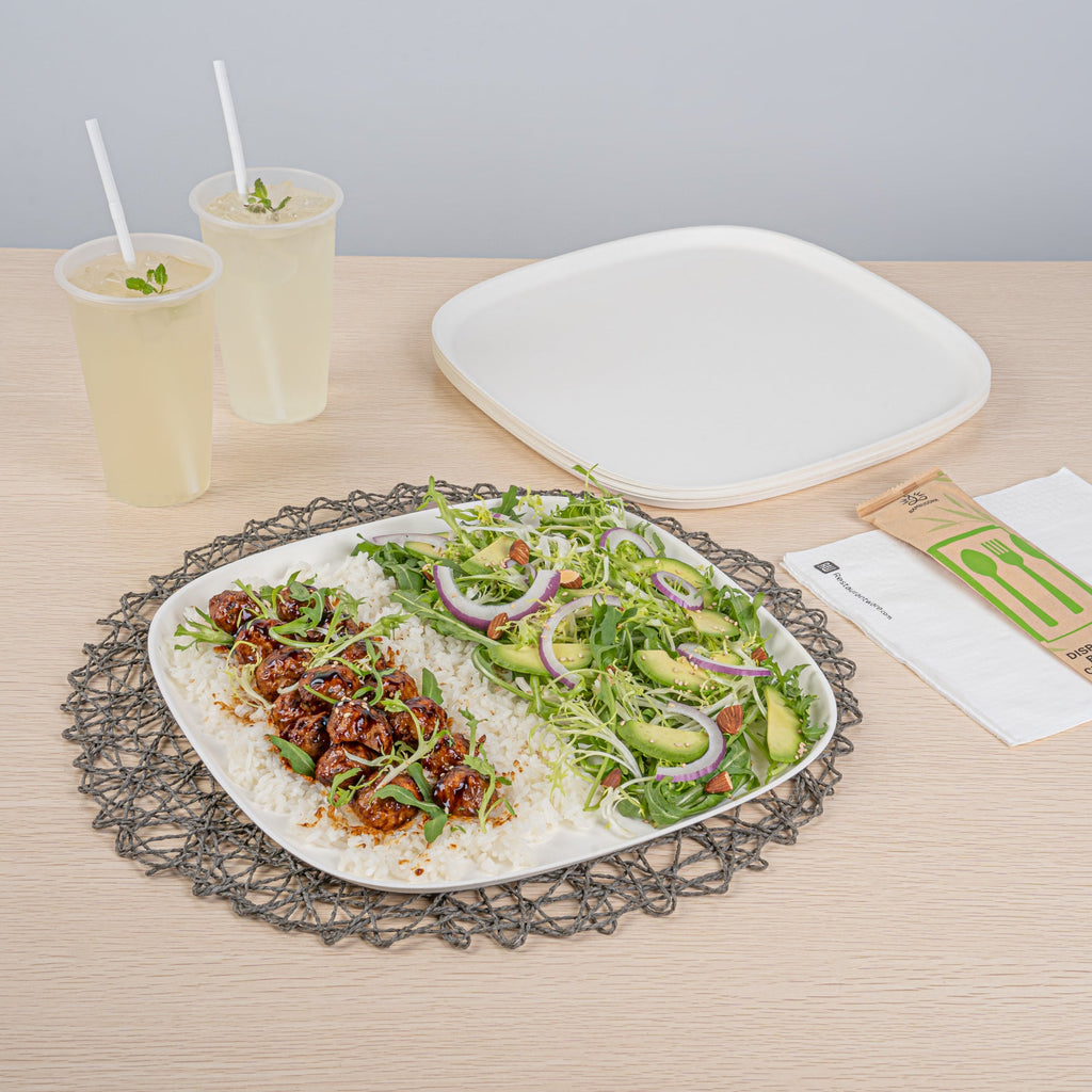 Pulp Safe Modular No PFAS Added White Sugarcane / Bagasse Plate - Home Compostable - 11 3/4" x 11 3/4" x 1/2" - 100 count box