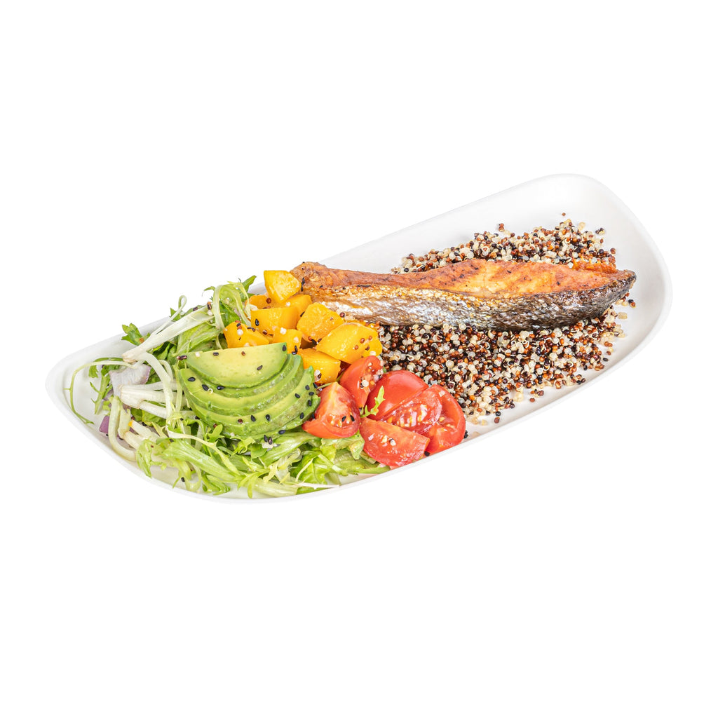 Pulp Safe Modular No PFAS Added White Sugarcane / Bagasse Plate - Home Compostable - 11 3/4" x 5 1/4" x 1/2" - 25 count box