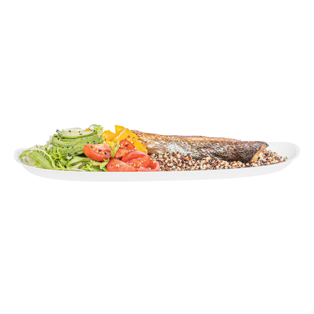 Pulp Safe Modular No PFAS Added White Sugarcane / Bagasse Plate - Home Compostable - 11 3/4" x 5 1/4" x 1/2" - 25 count box