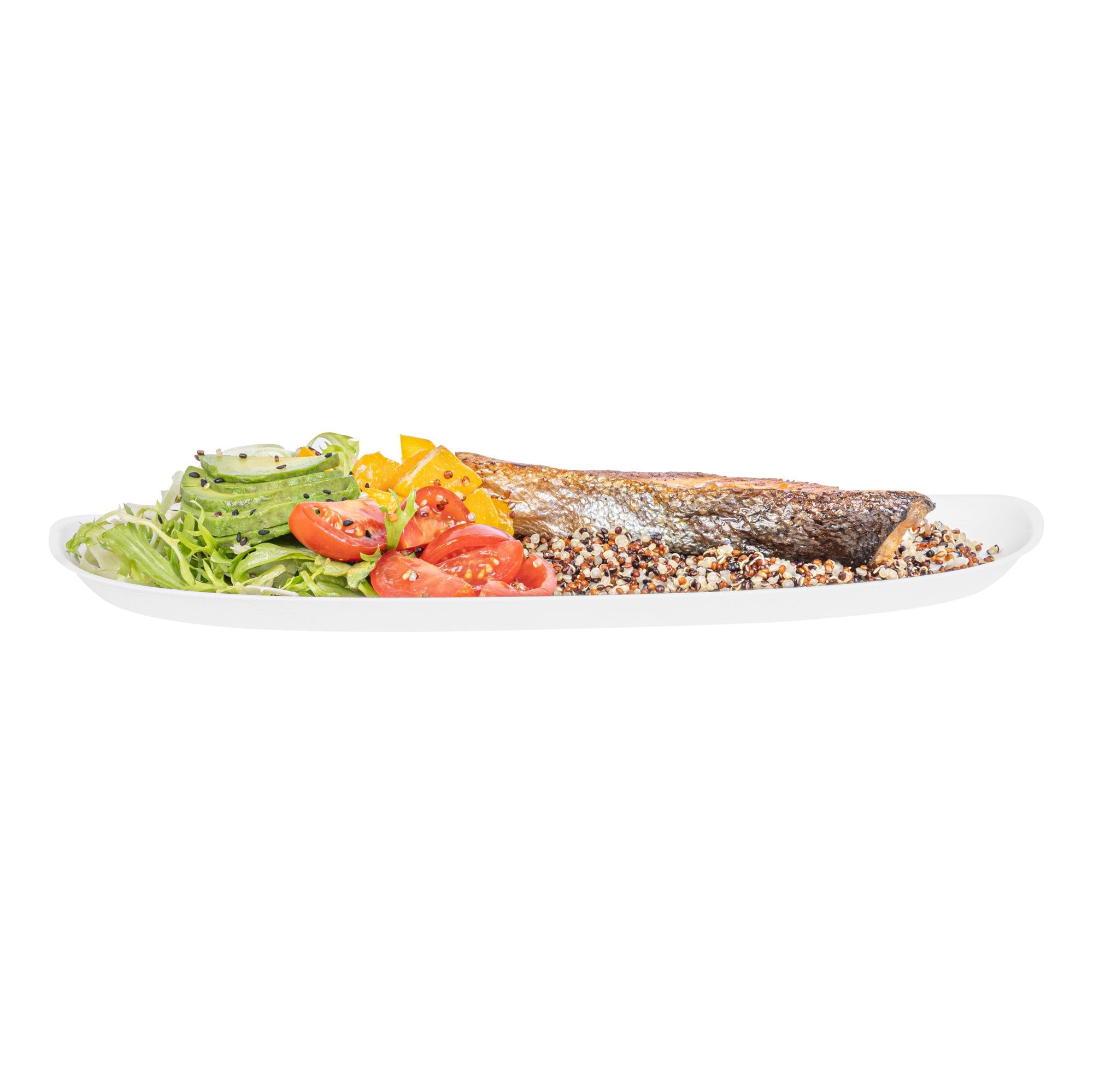 Pulp Safe Modular No PFAS Added White Sugarcane / Bagasse Plate - Home Compostable - 11 3/4" x 5 1/4" x 1/2" - 100 count box