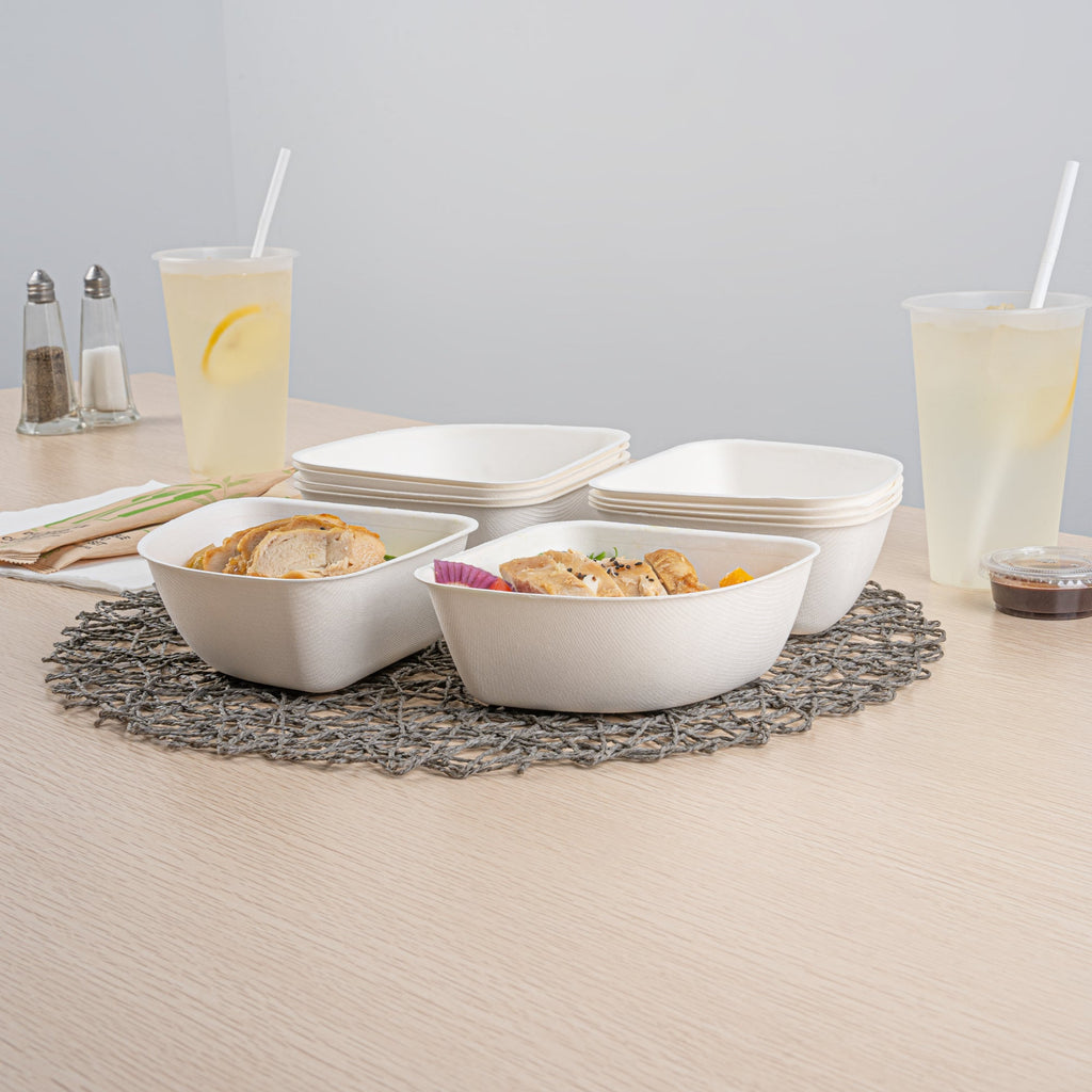 Pulp Safe Modular No PFAS Added 17 oz White Sugarcane / Bagasse Bowl - Home Compostable - 5 1/4" x 5 1/4" x 2 1/4" - 25 count box