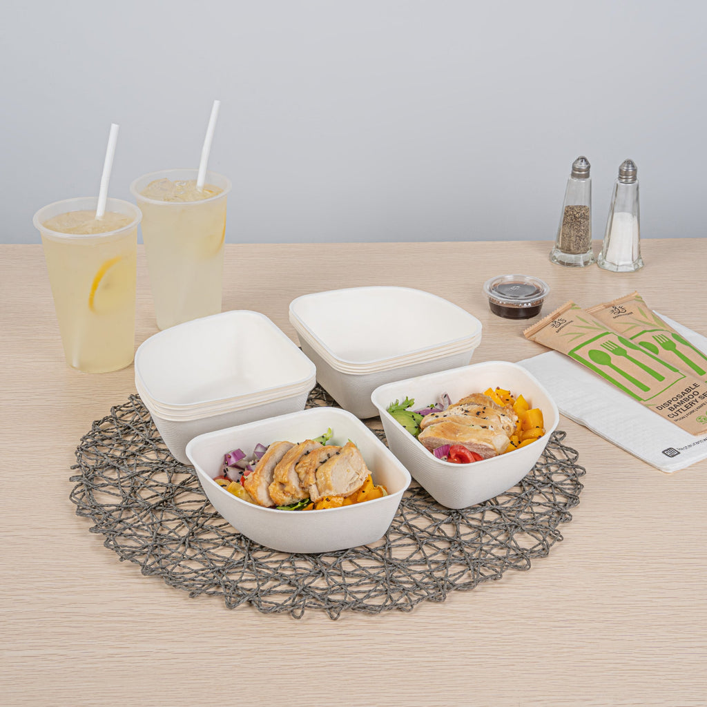 Pulp Safe Modular No PFAS Added 17 oz White Sugarcane / Bagasse Bowl - Home Compostable - 5 1/4" x 5 1/4" x 2 1/4" - 100 count box