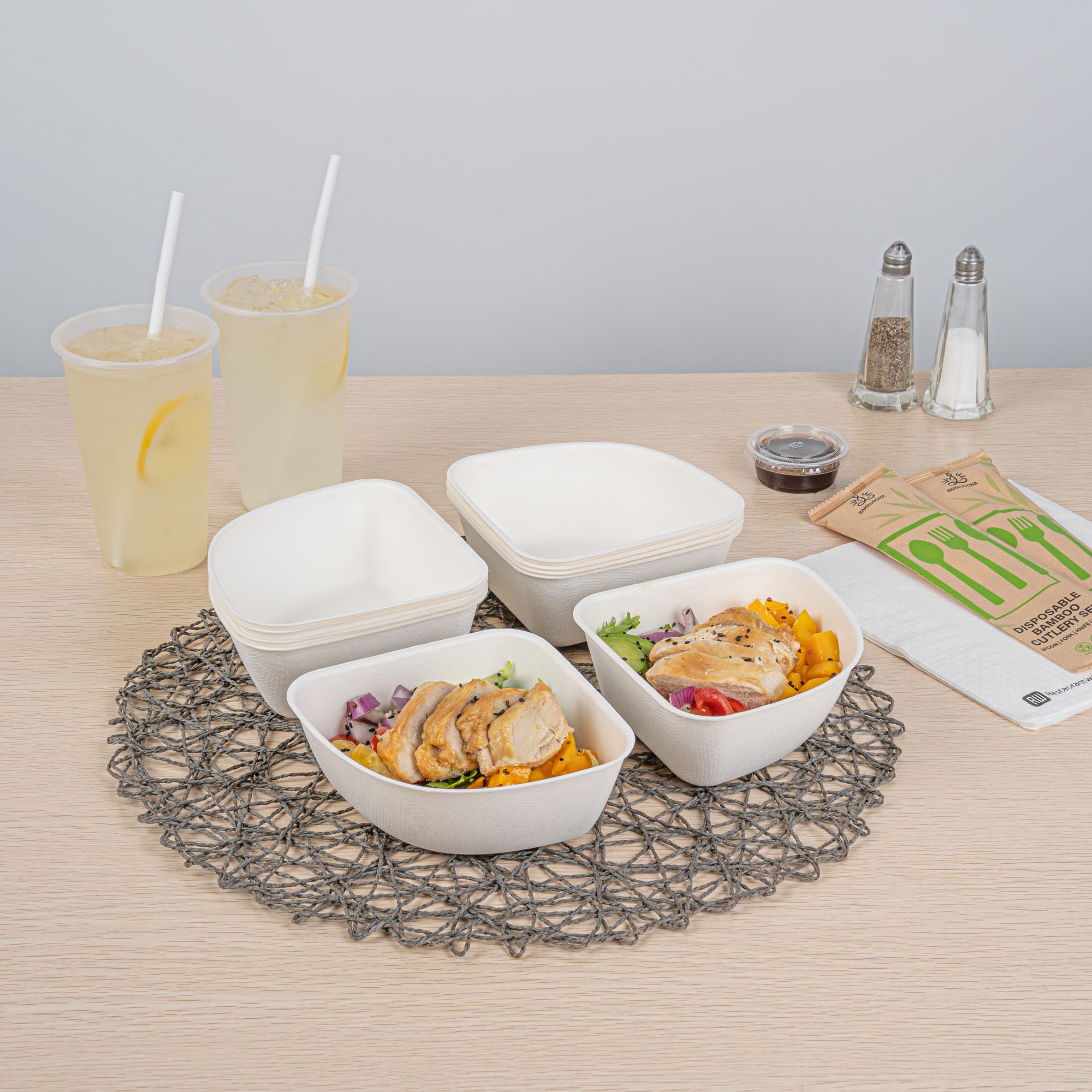 Pulp Safe Modular No PFAS Added 17 oz White Sugarcane / Bagasse Bowl - Home Compostable - 5 1/4" x 5 1/4" x 2 1/4" - 100 count box