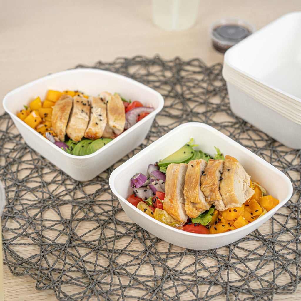 Pulp Safe Modular No PFAS Added 17 oz White Sugarcane / Bagasse Bowl - Home Compostable - 5 1/4" x 5 1/4" x 2 1/4" - 100 count box