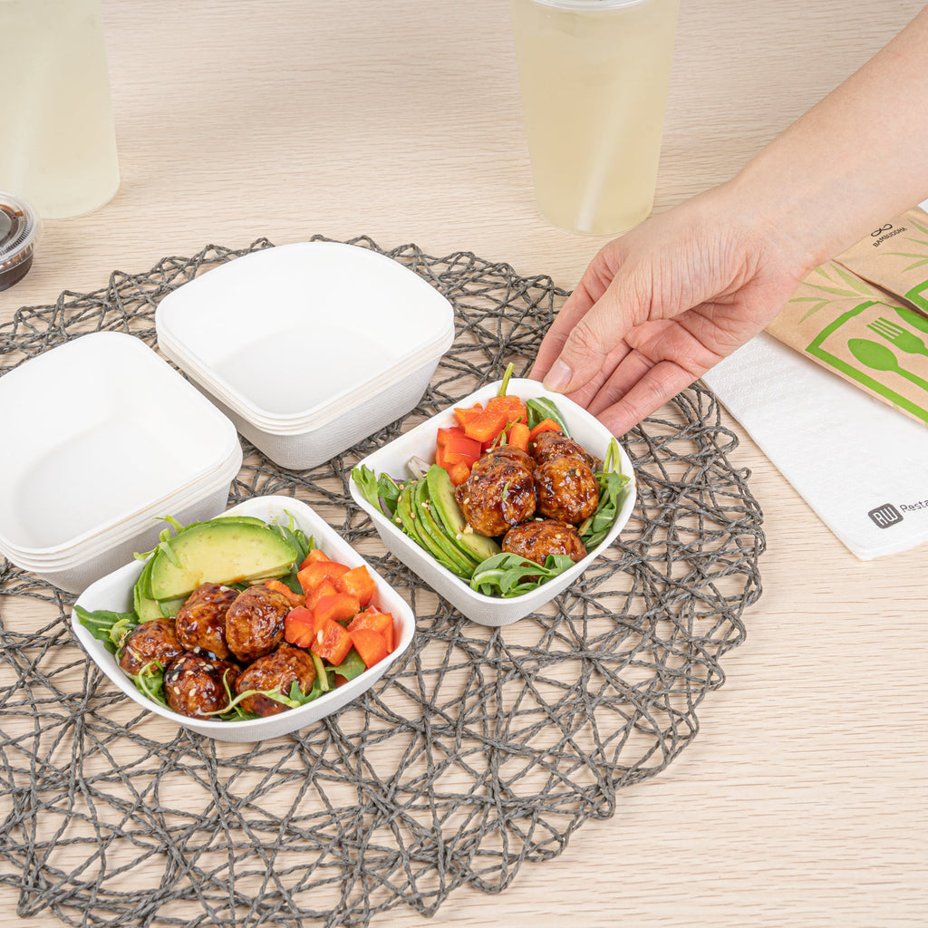 Pulp Safe Modular No PFAS Added 7 oz White Sugarcane / Bagasse Bowl - Home Compostable - 4" x 4" x 1 1/4" - 25 count box