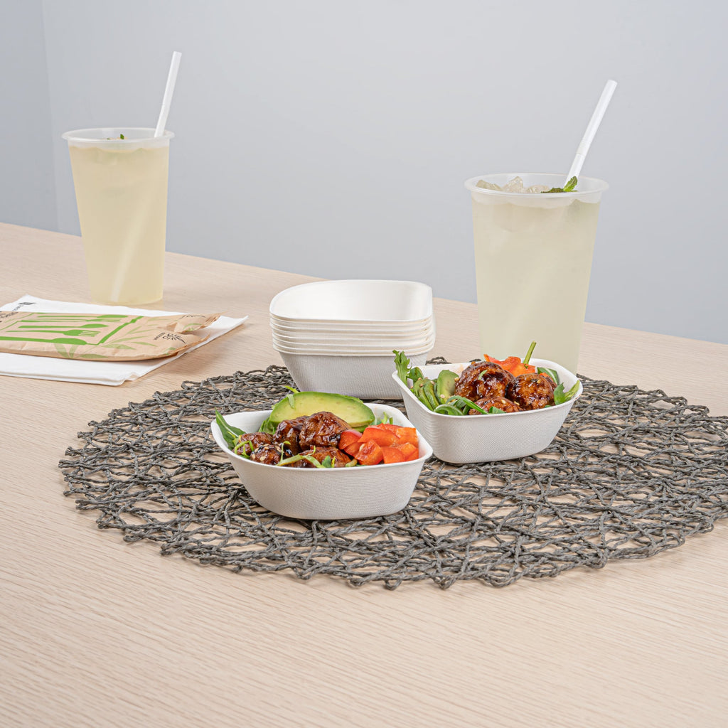 Pulp Safe Modular No PFAS Added 7 oz White Sugarcane / Bagasse Bowl - Home Compostable - 4" x 4" x 1 1/4" - 25 count box