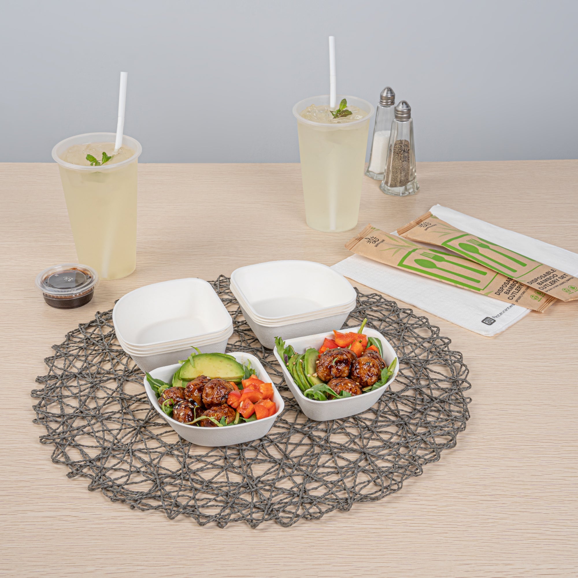 Pulp Safe Modular No PFAS Added 7 oz White Sugarcane / Bagasse Bowl - Home Compostable - 4" x 4" x 1 1/4" - 100 count box