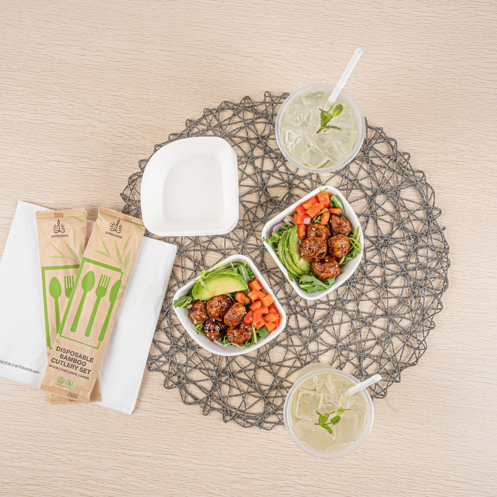 Pulp Safe Modular No PFAS Added 7 oz White Sugarcane / Bagasse Bowl - Home Compostable - 4" x 4" x 1 1/4" - 100 count box