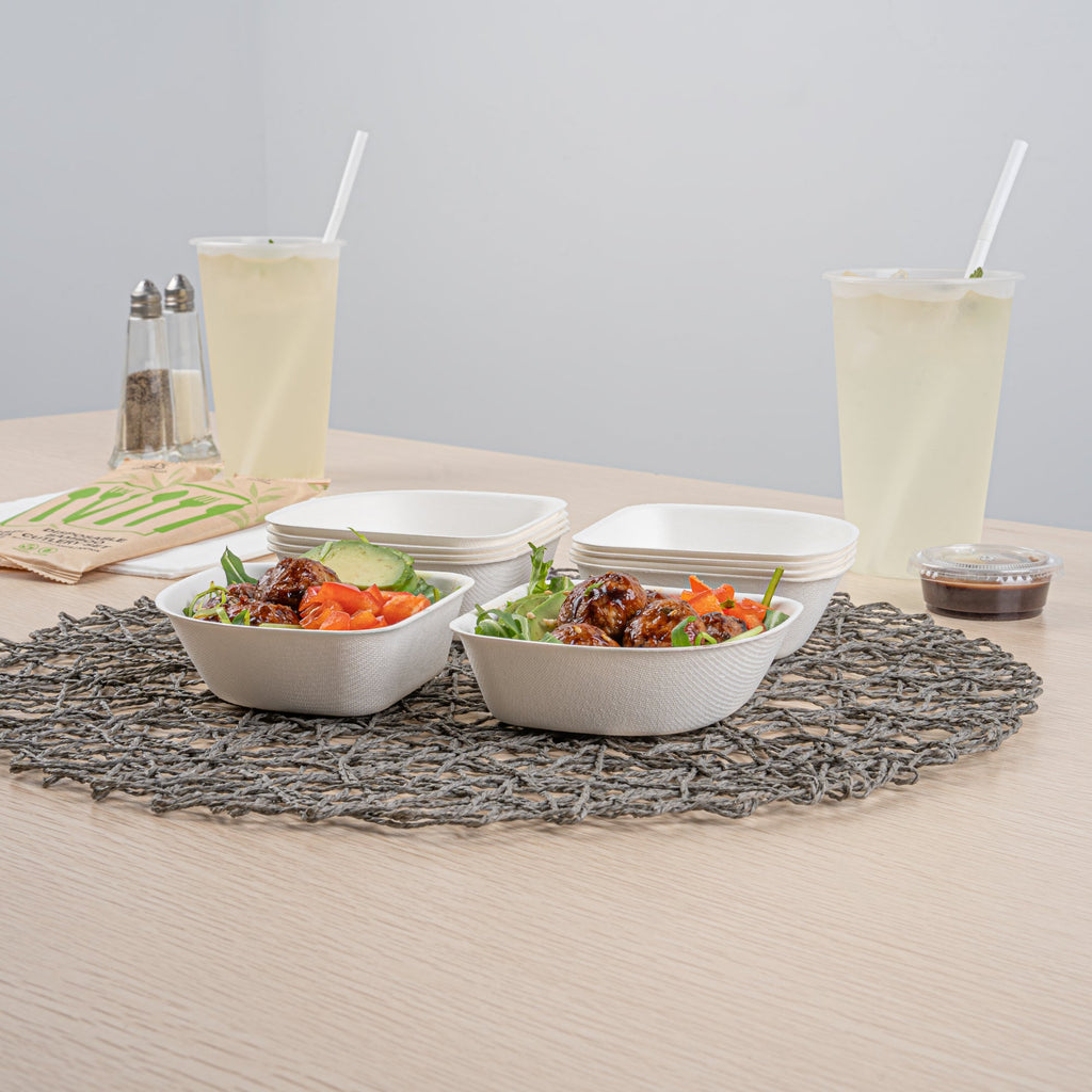 Pulp Safe Modular No PFAS Added 7 oz White Sugarcane / Bagasse Bowl - Home Compostable - 4" x 4" x 1 1/4" - 100 count box
