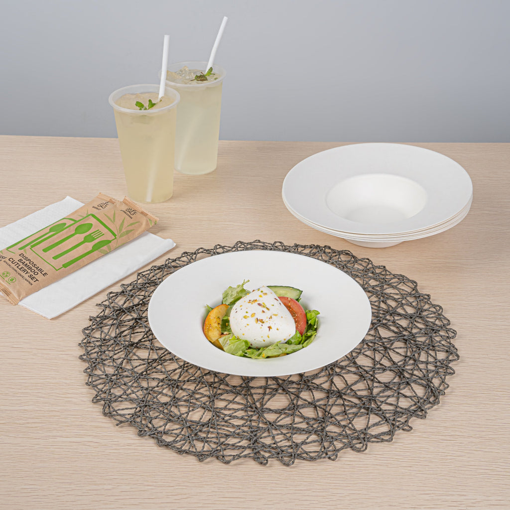 Pulp Safe No PFAS Added 10 oz White Sugarcane / Bagasse Salad Bowl / Dessert Plate - Home Compostable - 8 3/4" x 8 3/4" x 2" - 25 count box