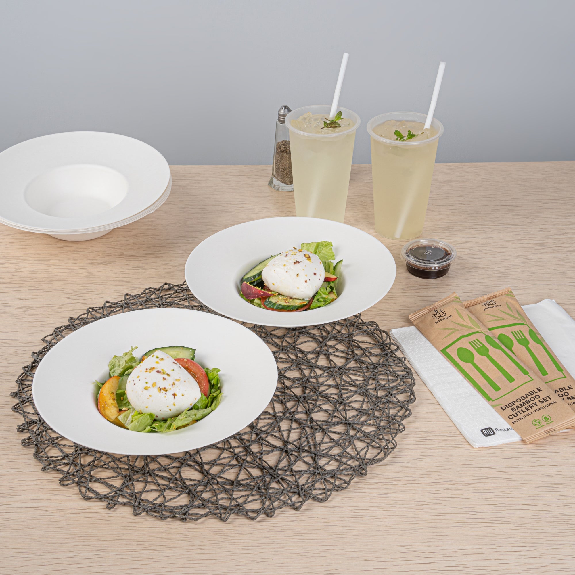 Pulp Safe No PFAS Added 10 oz White Sugarcane / Bagasse Salad Bowl / Dessert Plate - Home Compostable - 8 3/4" x 8 3/4" x 2" - 25 count box
