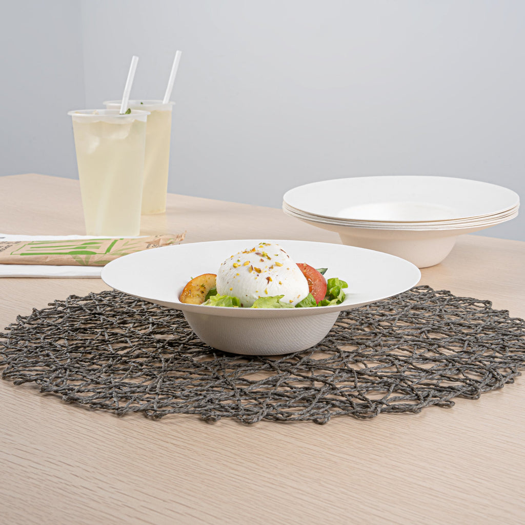 Pulp Safe No PFAS Added 10 oz White Sugarcane / Bagasse Salad Bowl / Dessert Plate - Home Compostable - 8 3/4" x 8 3/4" x 2" - 25 count box