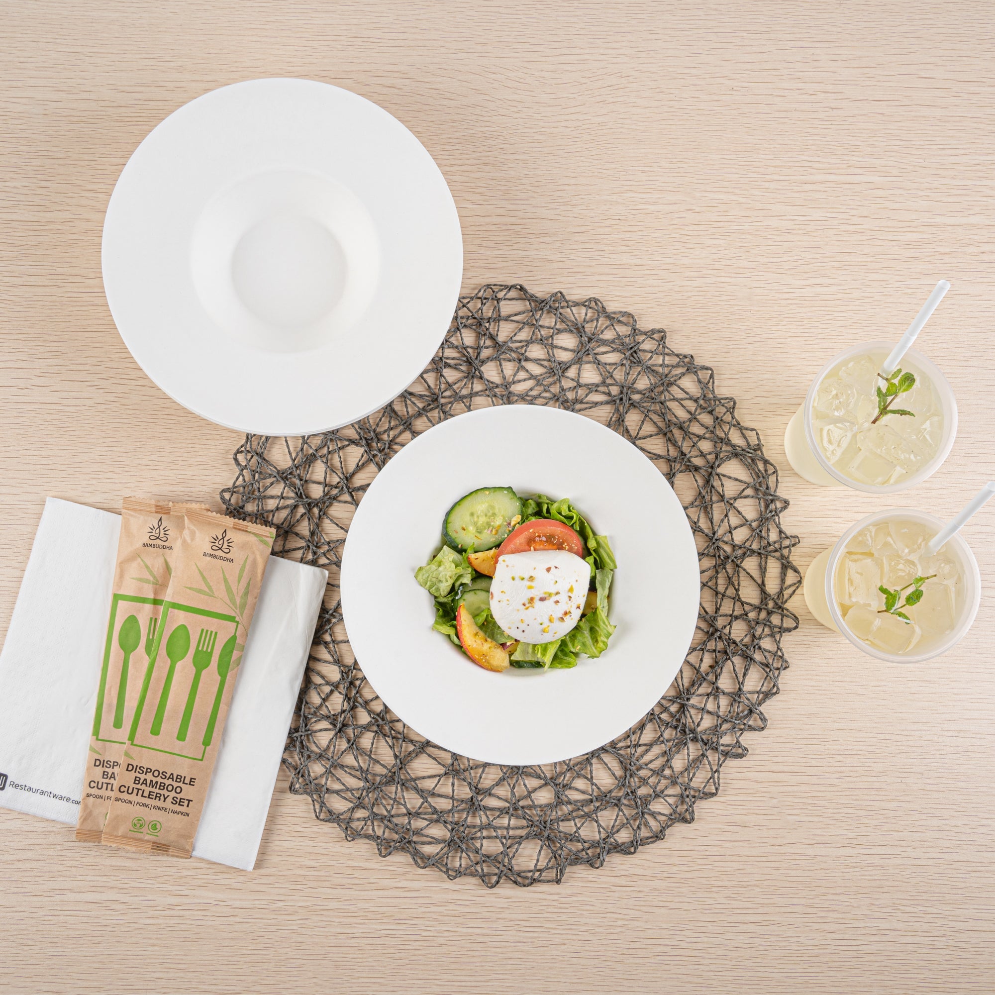 Pulp Safe No PFAS Added 10 oz White Sugarcane / Bagasse Salad Bowl / Dessert Plate - Home Compostable - 8 3/4" x 8 3/4" x 2" - 100 count box