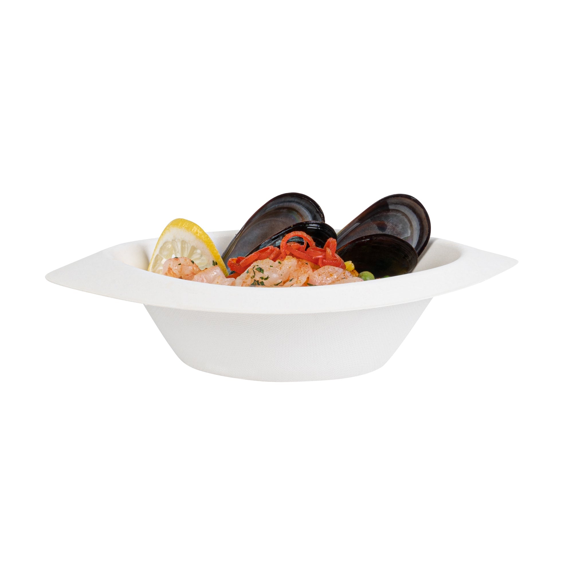 Pulp Safe No PFAS Added 12 oz Oval White Sugarcane / Bagasse Bowl - Home Compostable - 8 1/2" x 5 3/4" x 2 1/4" - 100 count box