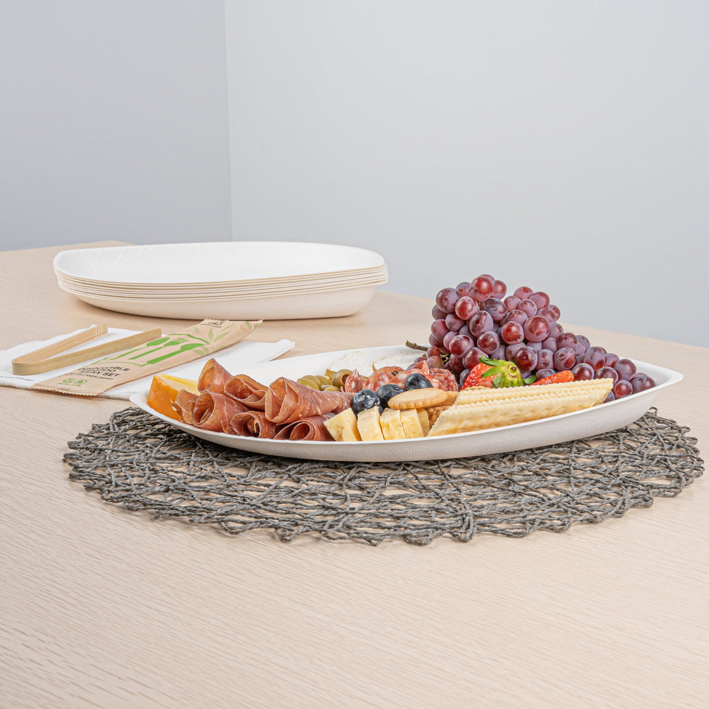 Pulp Safe Modular No PFAS Added White Sugarcane / Bagasse Tray - Home Compostable - 14" x 9 1/4" x 1 1/2" - 100 count box