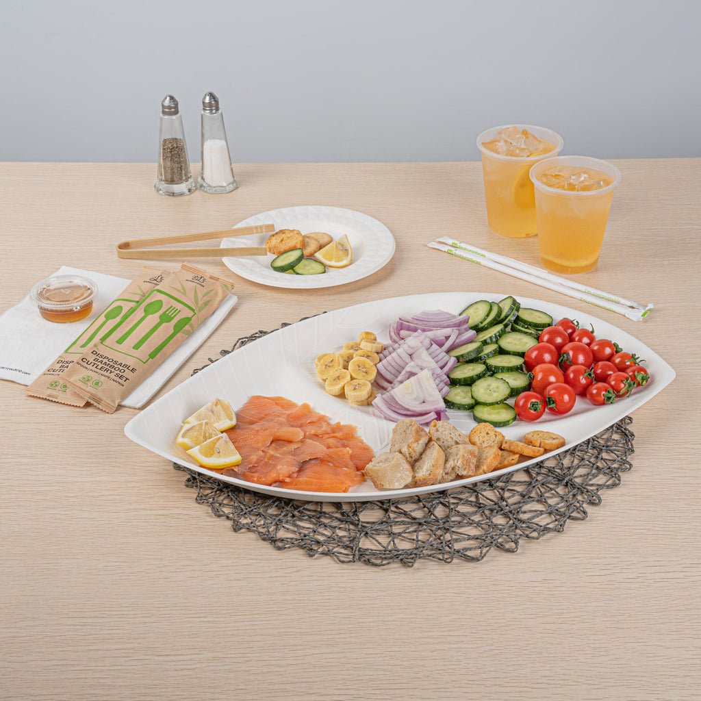 Pulp Safe Modular No PFAS Added White Sugarcane / Bagasse Tray - Home Compostable, 2 Compartments - 18 1/2" x 11 1/4" - 25 count box