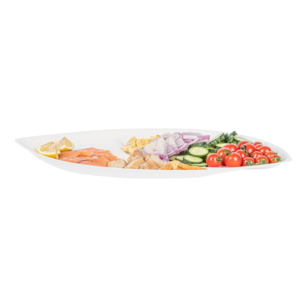 Pulp Safe Modular No PFAS Added White Sugarcane / Bagasse Tray - Home Compostable, 2 Compartments - 18 1/2" x 11 1/4" - 100 count box