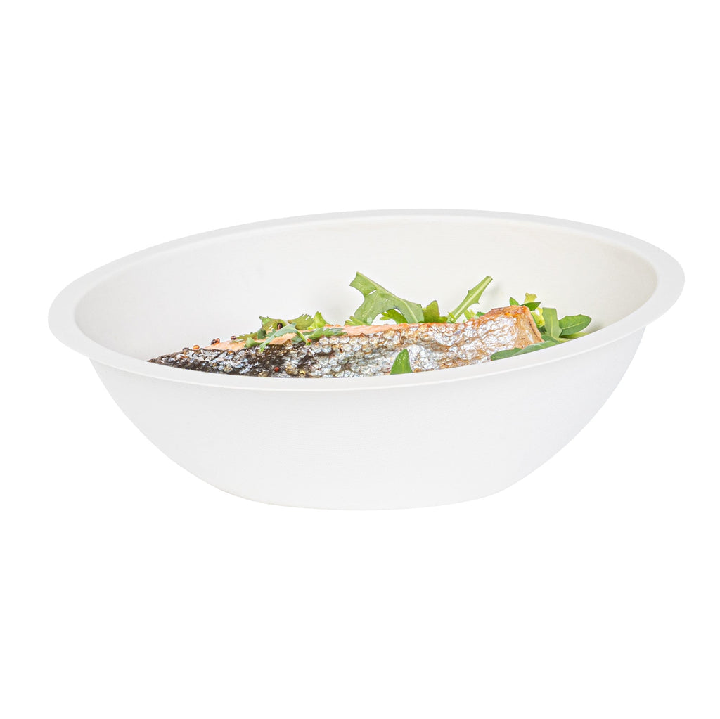 Pulp Safe No PFAS Added 27 oz Oval White Sugarcane / Bagasse Bowl - Home Compostable - 8 3/4" x 6 3/4" x 3 1/4" - 100 count box